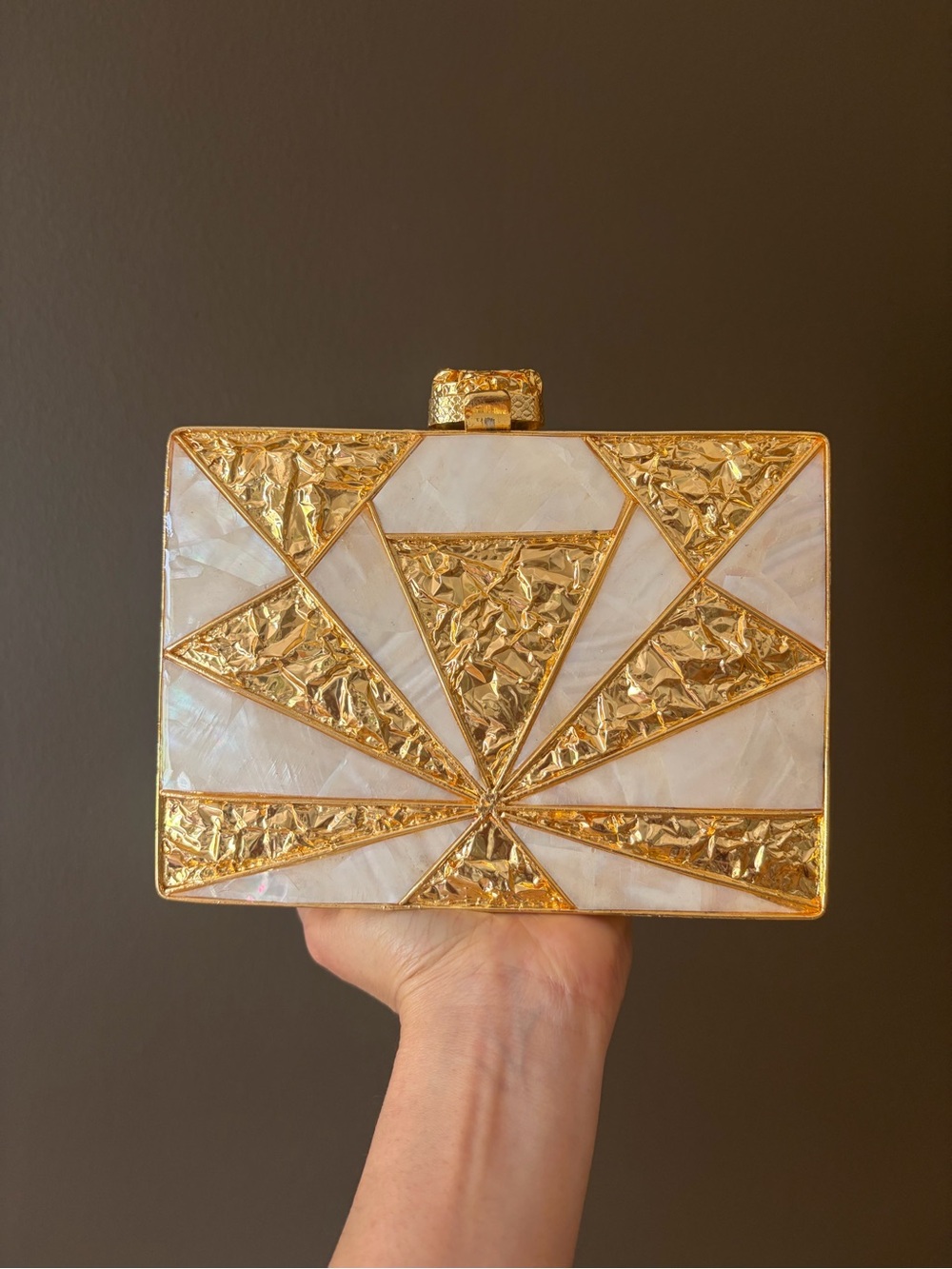 Gold and Mother-of-Pearl Geometric Box Clutch